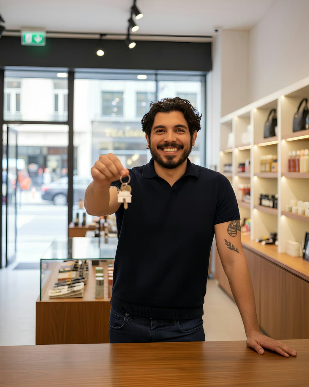 A business owner standing in his newly opened retail space, holding the keys